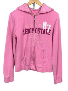 Aeropostale Pink Zip Up Hoodie Women’s Pink Sweater Y2K Style Polka Dot Hoodie